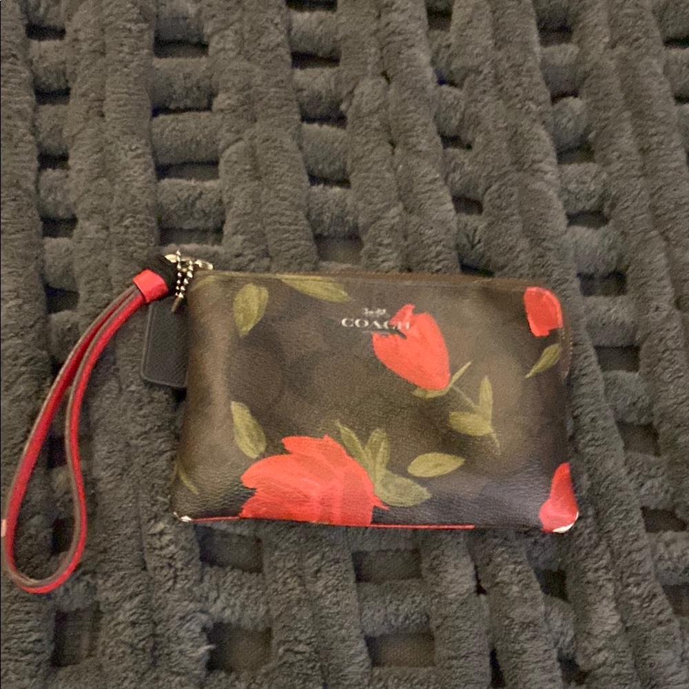 Coach Black and Red Floral Clutch Wristlet